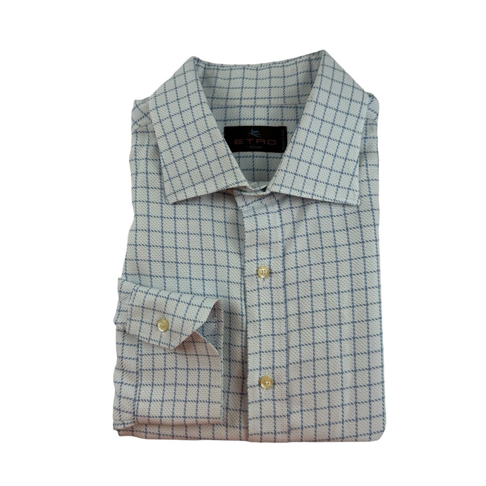 Etro Milano White Blue Checked Cotton Mens Cutaway Collar Button Front Size 45